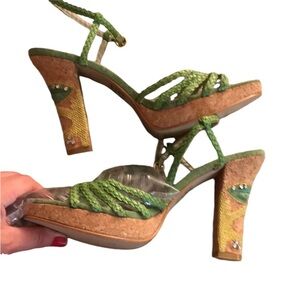 Rampage  size 10 green open toe heeels cork heel & Rhinestone embellished